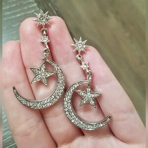 Celestial Silver Dangle Earrings with Stars and Moons
